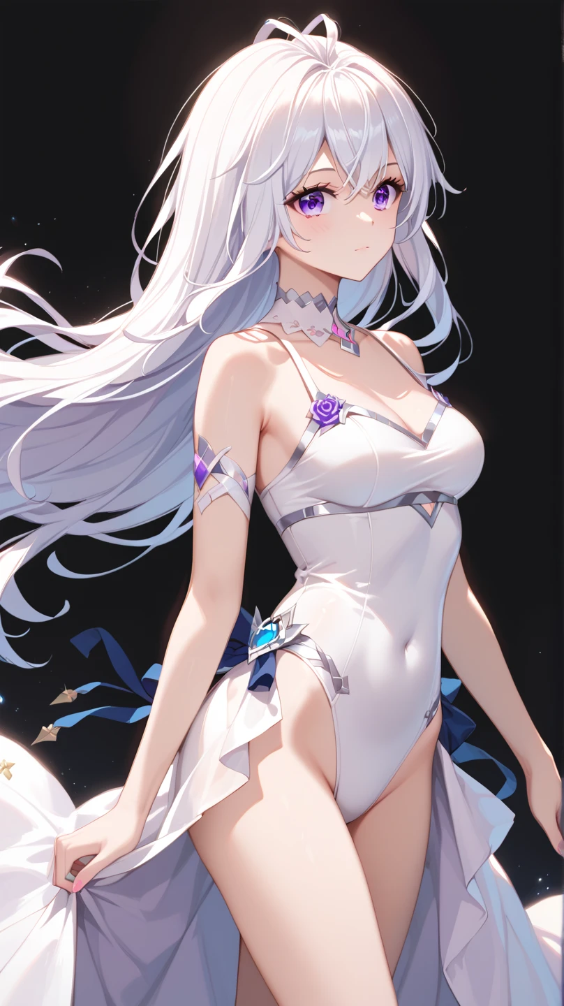 Emilia princess from Re:Zero kara Hajimeru Isekai Seikatsu, half elf, ((gorgeous white and purple wet elegant silk wedding dress, holding a bunch of clematis, silk accesory, veil, silver necklace, diamond ring, flower earring, belt, collar, silver crown, white silk legging)), grace hair style, garden background, ((perfect body shape, small breast, empress and forzen aura, flower and feather flying effect， detailed skin, silver and light purple pupil)), heavy make up, best quality anime 4k wallpaper quality, extreme eye and body detail， energetic girl, spirit around, high resolution , masterpieces, league of legend art