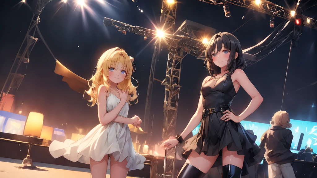 (masterpiece, best quality), high contrast, (4girls:1.2), anime wallpaper, lineup, Multiple_girls, idol outfits, (long skirt, frilly skirt:1.1), (from behind:1.2), stage, stage lights, concert, (crowd:1.1), dynamic pose, standing, woman, (headphones:1.1), (jacket, off shoulder jacket, sleeveless top:1.1), collared top, short hair, medium hair, sharp focus, light particles, (wide shot), sfw, detached collar, backboob, pantyhose, masterpiece, main stage, Korean girl band, mini dresses, crowd, cinematic, 5girls, lineup, Group_picture, multiple girls,