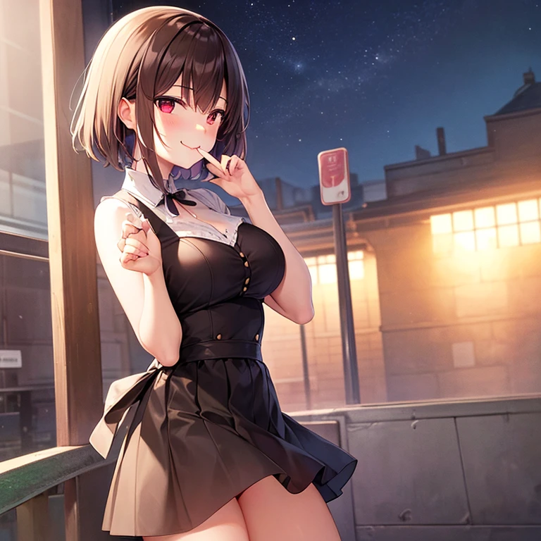 (8k, Best Quality, Masterpiece:1.2), (sfw:1.3), (realist, photo-realist:1.37), ultra detailed, 1 girl,beautiful, Alone,beautiful detailed sky,detailed coffee,evening,session,have a date,(nose blush),(SMILE:1.1),(Closed mouth) medium breasts,Beautiful detailed eyes,(shirtless:1.1), bow tie,pleated skirt,(short hair:1.2),by the floating