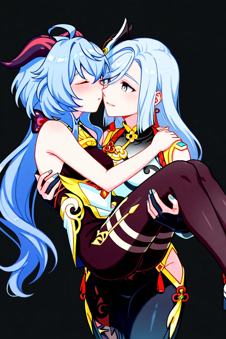 realistic photo of a 2girls, aqua \(konosuba\), blue hair, blue shirt, hair ornament, large breasts, long hair, kissing, by Jeremy Lipking, by William Bouguereau, (by Alphonse Mucha:0.5), fur, by koohiitei shinbo <lora:my_LoRA_koohiiteishinbo_v1:0.35> <lora:konosuba:0.6>