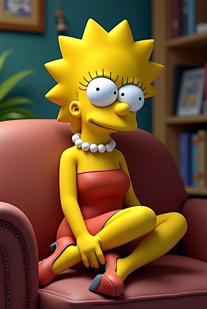 ((masterpiece, best quality)),(complex light), full body,1girl, in school bus with kids, sitting, solo, lisa simpson, Simpson cartoon style, red dress, shy, black bead eyes, lies, pussy , nipples, small breasts, pussy juice, pissing, pissing himself 
