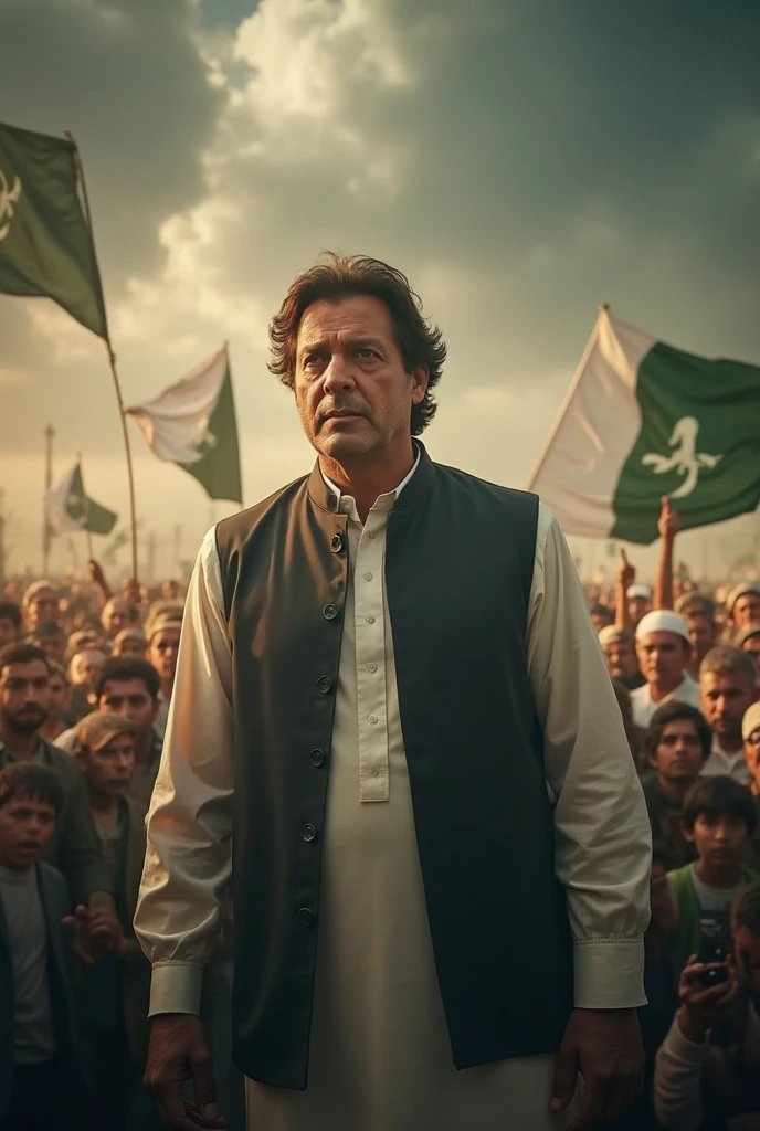 Imran Khan speaking with party workers with pti party flag 
