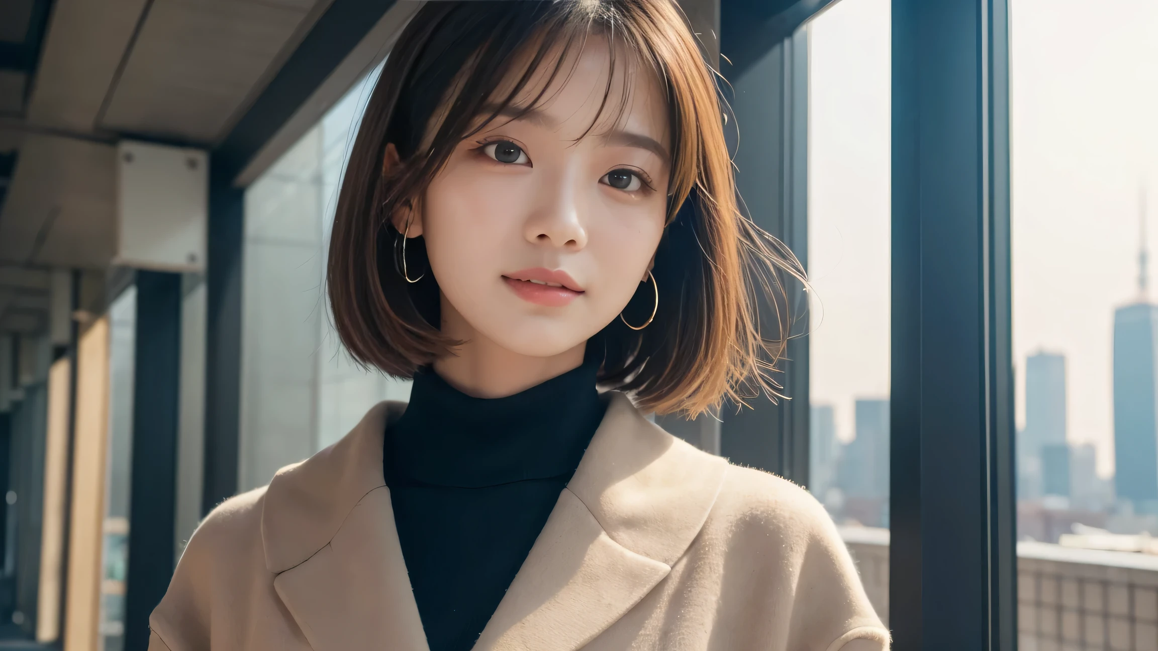 (((brown, Up to the shoulders, Straight Short Bob)))、(((Tokyo Skytree can be seen in her background、poses like a model in a beauty salon。.)))、(((Casual black long sleeve winter clothing)))、Half Japanese、Half Korean 、18-year-old girl、independent、Expectations、light eye makeup、brown Hair Color、 flat at honny 、 hair blown in the wind 、Quality of actress、 twinkle in both armpits, Ultra Realistic Faces 、smile、Bloodshot eyes、looks up、 Subtle Lighting Effects 、 super realistic capture、very detailed、posing like a model。 The texture of the skin is 、While the Illuminations Are Shining 、For more details、must be clear enough to identify her pores.、The skin is healthy、must always have a uniform tone、Use Natural Light and Color、classic high quality images taken by a model agency'Exclusive photographer、smile