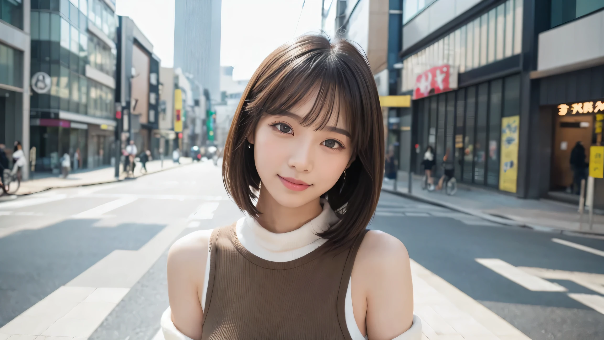 (((brown, Up to the shoulders, Straight Short Bob)))、(((Tokyo Skytree can be seen in her background、poses like a model in a beauty salon。.)))、(((Casual black long sleeve winter clothing)))、Half Japanese、Half Korean 、18-year-old girl、independent、Expectations、light eye makeup、brown Hair Color、 flat at honny 、 hair blown in the wind 、Quality of actress、 twinkle in both armpits,   Ultra Realistic Faces 、smile、Bloodshot eyes、looks up、 Subtle Lighting Effects 、 super realistic capture、very detailed、posing like a model。 The texture of the skin is 、While the Illuminations Are Shining 、For more details、must be clear enough to identify her pores.、The skin is healthy、must always have a uniform tone、Use Natural Light and Color、classic high quality images taken by a model agency&#39;Exclusive photographer、smile
