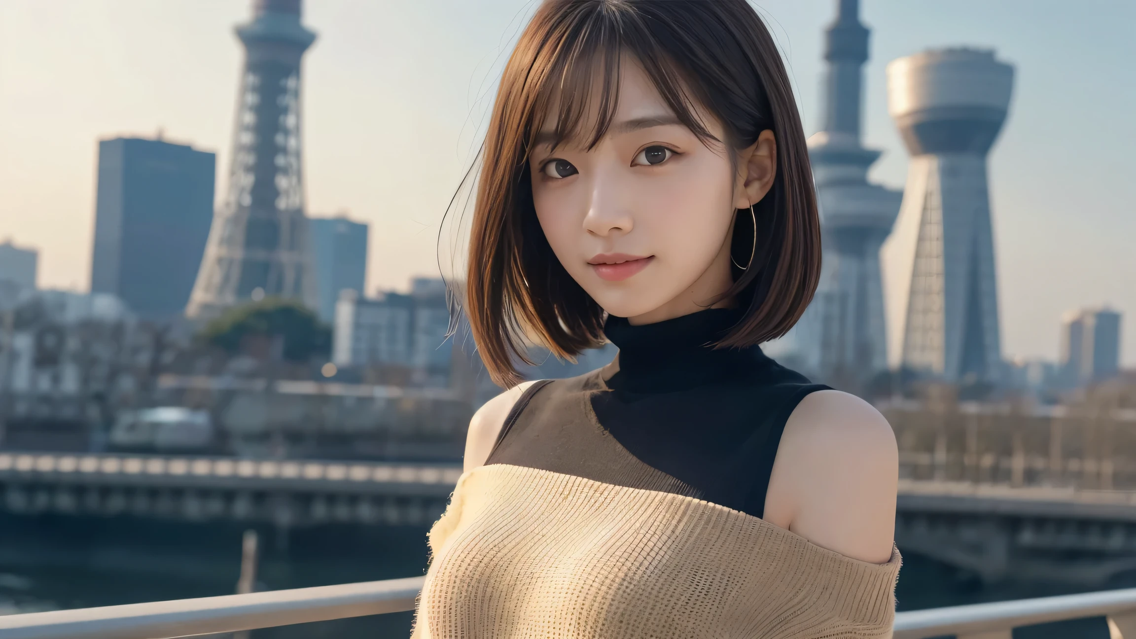(((brown, Up to the shoulders, Straight Short Bob)))、(((Tokyo Skytree can be seen in her background、poses like a model in a beauty salon。.)))、(((Casual black long sleeve winter clothing)))、Half Japanese、Half Korean 、18-year-old girl、independent、Expectations、light eye makeup、brown Hair Color、 flat at honny 、 hair blown in the wind 、Quality of actress、 twinkle in both armpits,   Ultra Realistic Faces 、smile、Bloodshot eyes、looks up、 Subtle Lighting Effects 、 super realistic capture、very detailed、posing like a model。 The texture of the skin is 、While the Illuminations Are Shining 、For more details、must be clear enough to identify her pores.、The skin is healthy、must always have a uniform tone、Use Natural Light and Color、classic high quality images taken by a model agency&#39;Exclusive photographer、smile
