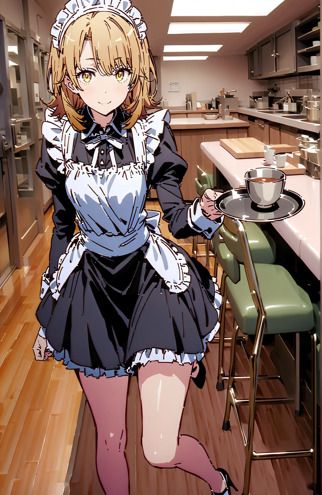 Irohaisshiki, Isshiki Iroha , short hair, brown hair, brown eyes,Tray, Tray in one hand,Maid服, black色ロングスカート,black色パンティストッキング, stiletto heels,Maid head dress, Maid apron, Maid Dress,Maid, Maid outfit,black_ dress,raises one leg,smile,cover,open your mouth,standing,cute pose with glasses standing,tables,chairs, counter seat,full bodyがillustrationsに入るように,break indoors, Hospital,Restaurant,
break looking at viewer,full body,
break (masterpiece:1.2), Best Quality, high resolution, Unity 8k 壁紙, (illustrations:0.8), (beautiful detailed eyes:1.6), very detailed face, perfect lighting on the table, Extremely Detailed CG, (perfect hand, perfect anatomy),