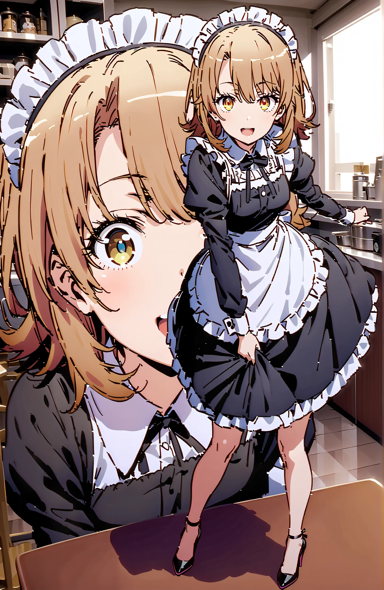Irohaisshiki, Isshiki Iroha , short hair, brown hair, brown eyes,Tray, Tray in one hand,Maid服, black色ロングスカート,black色パンティストッキング, stiletto heels,Maid head dress, Maid apron, Maid Dress,Maid, Maid outfit,black_ dress,raises one leg,smile,cover,open your mouth,standing,cute pose with glasses standing,tables,chairs, counter seat,full bodyがillustrationsに入るように,break indoors, Hospital,Restaurant,
break looking at viewer,full body,
break (masterpiece:1.2), Best Quality, high resolution, Unity 8k 壁紙, (illustrations:0.8), (beautiful detailed eyes:1.6), very detailed face, perfect lighting on the table, Extremely Detailed CG, (perfect hand, perfect anatomy),