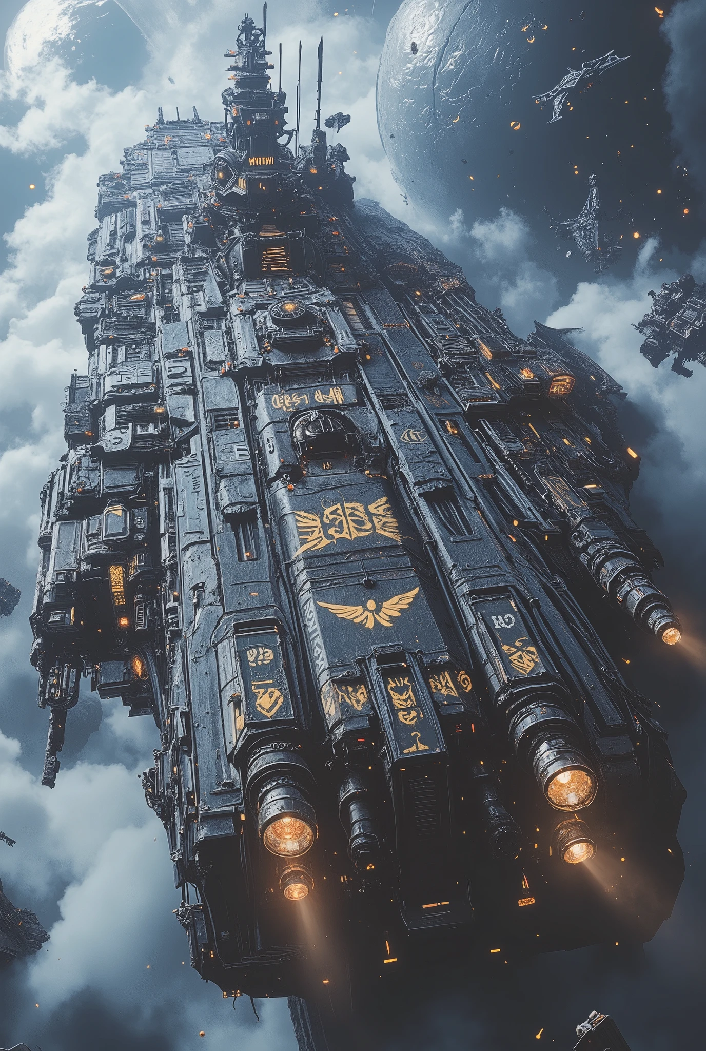 "A hyper-detailed, cinematic portrayal of massive Gothic steampunk star battleships in the grimdark style of Warhammer 40k, captured in ultra-realistic 32k resolution. The battleships have a long, diamond-shaped hull, with an imposing bridge and enormous gun turrets, each adorned with intricate, glowing golden runes that add an arcane touch. Gothic, cathedral-like arches, bulkheads, and other architectural flourishes to give them the appearance of imperial grandeur. The ship have a lot of reinforced hulls and bulkheads.
vessels possess transparent shields. Brutalist in design, the ships bear heavily armored, jagged surfaces engraved with dark religious symbols. Guns and rune-marked turrets extend outward, casting shadows that enhance their intimidating presence.

In the background, a misty star system spreads out, featuring cosmic dust clouds, scattered debris, and shadowed craters against a vast, starless void. The straight-on, full-shot angle provides a close view of these brutal ships, showcasing their grim, mechanical elegance as they drift silently through space. Cinematic lighting brings out the depth and detail in every engraving, armor texture, and metallic surface, with a subtle film grain overlay that adds realism and texture. The scene captures the haunting stillness and immense scale of Gothic architecture blended with futuristic warfare, creating a mystical, otherworldly atmosphere."