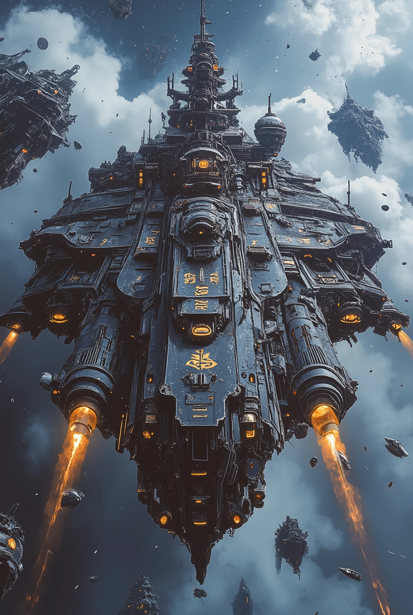"A hyper-detailed, cinematic portrayal of massive Gothic steampunk star battleships in the grimdark style of Warhammer 40k, captured in ultra-realistic 32k resolution. The battleships have a long, diamond-shaped hull, with an imposing bridge and enormous gun turrets, each adorned with intricate, glowing golden runes that add an arcane touch. Gothic, cathedral-like arches, bulkheads, and other architectural flourishes to give them the appearance of imperial grandeur. The ship have a lot of reinforced hulls and bulkheads.
vessels possess transparent shields. Brutalist in design, the ships bear heavily armored, jagged surfaces engraved with dark religious symbols. Guns and rune-marked turrets extend outward, casting shadows that enhance their intimidating presence.
In the background, a misty star system spreads out, featuring cosmic dust clouds, scattered debris, and shadowed craters against a vast, starless void. The straight-on, full-shot angle provides a close view of these brutal ships, showcasing their grim, mechanical elegance as they drift silently through space. Cinematic lighting brings out the depth and detail in every engraving, armor texture, and metallic surface, with a subtle film grain overlay that adds realism and texture. The scene captures the haunting stillness and immense scale of Gothic architecture blended with futuristic warfare, creating a mystical, otherworldly atmosphere."