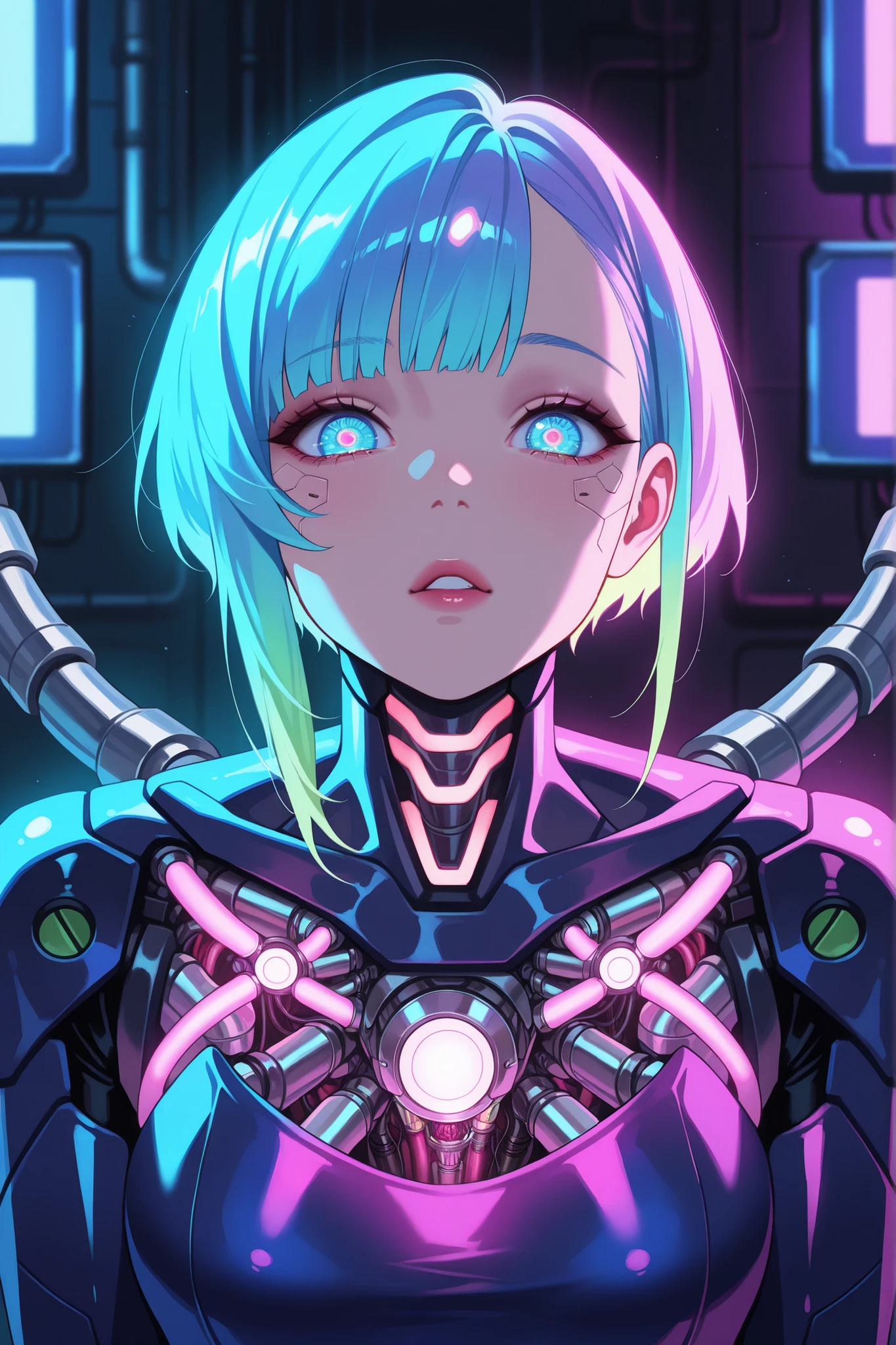 masterpiece,best quality,amazing quality,very aesthetic,newest,anime screencap,1girl,robotgirl,transluminescent mechanism,mechanical organ,detailed cyberpunk character portrait,beautiful woman with glowing robotic body parts,expressive face with advanced mechanical eye,intricate translucent circuits and components,metallic limbs and exoskeleton structure,complex mechanical organ systems visible,dramatic studio lighting,vibrant neon colors,hyper-realistic,4k,ultra-detailed,photorealistic,professional digital art