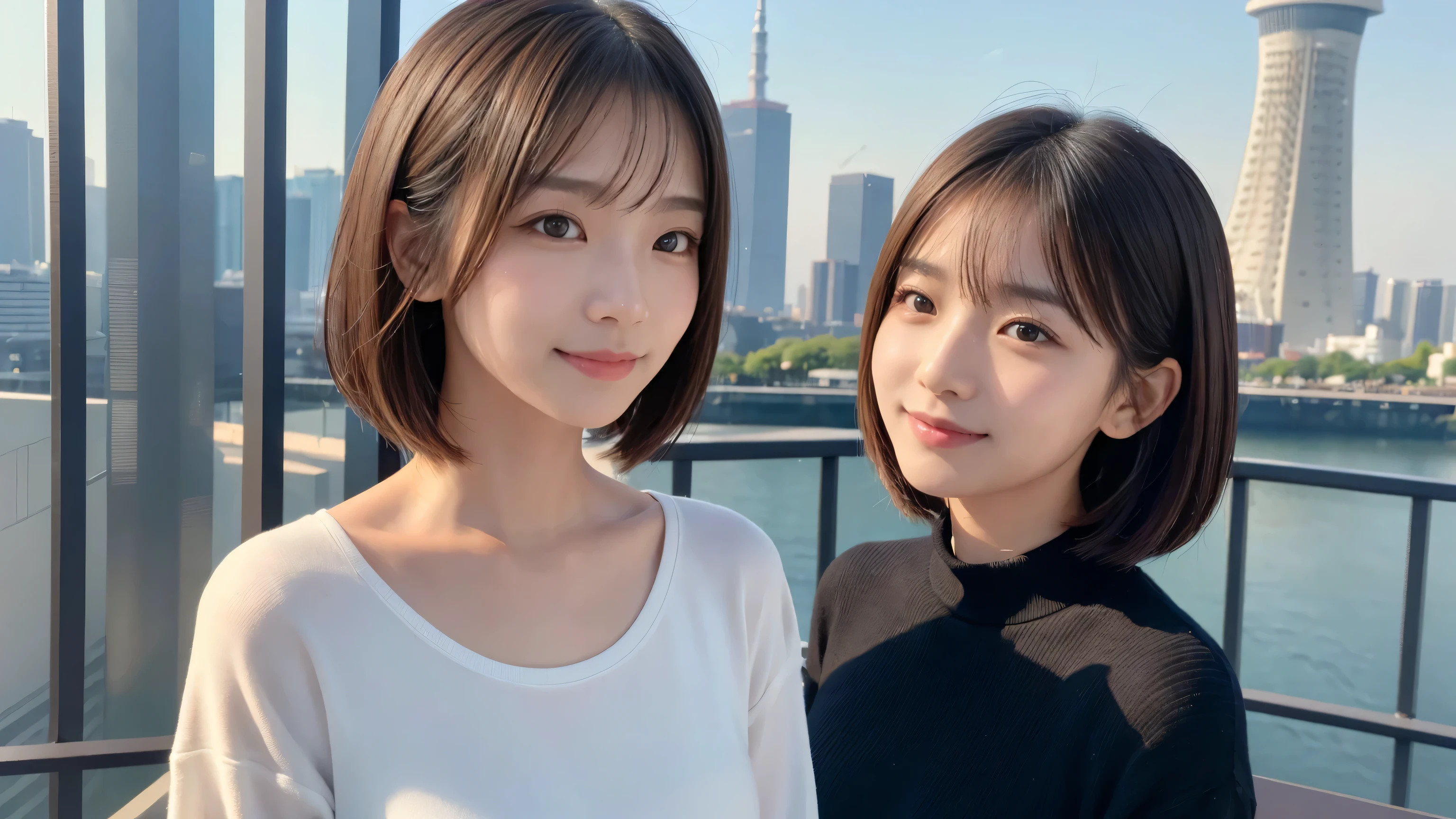 (((brown, Up to the shoulders, Straight Short Bob)))、(((Tokyo Skytree can be seen in her background、poses like a model in a beauty salon。.)))、(((Casual black long sleeve winter clothing)))、Half Japanese、Half Korean 、18-year-old girl、independent、Expectations、light eye makeup、brown Hair Color、 flat at honny 、 hair blown in the wind 、Quality of actress、 twinkle in both armpits, Ultra Realistic Faces 、smile、Bloodshot eyes、looks up、 Subtle Lighting Effects 、 super realistic capture、very detailed、posing like a model。 The texture of the skin is 、While the Illuminations Are Shining 、For more details、must be clear enough to identify her pores.、The skin is healthy、must always have a uniform tone、Use Natural Light and Color、classic high quality images taken by a model agency'Exclusive photographer、smile