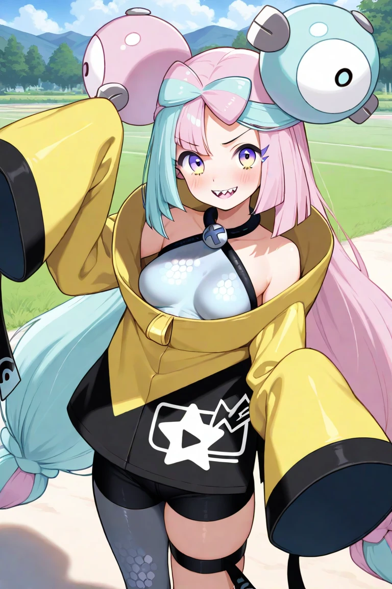 ((masterpiece,best quality)), absurdres, <lora:Iono_Pokemon_v2:0.8>, iono (pokemon), solo, 1girl, long hair, pink eyes, blue hair, pink hair, light blue hair, multicolored hair, bow-shaped hair, yellow jacket, sleeves past fingers, single leg pantyhose, thigh strap, solo, smiling, looking at viewer, cowboy shot big breasts,