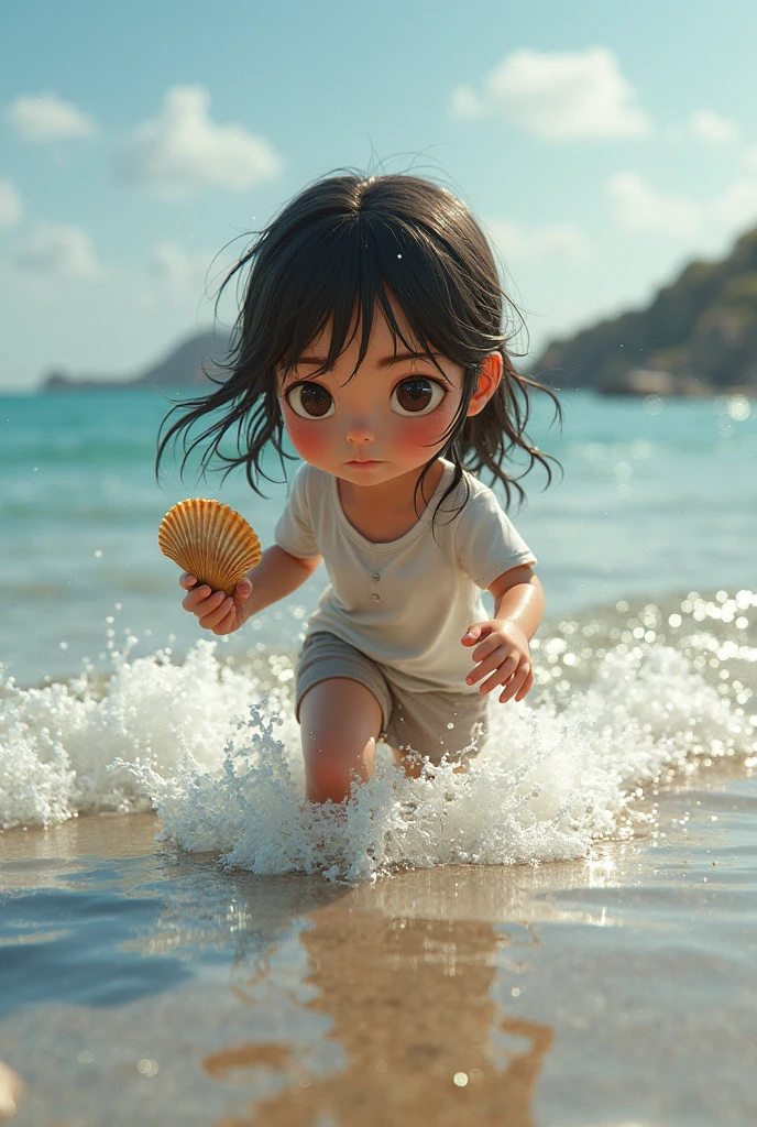Child , on the Beach, smiling, drawing pixar style 3d