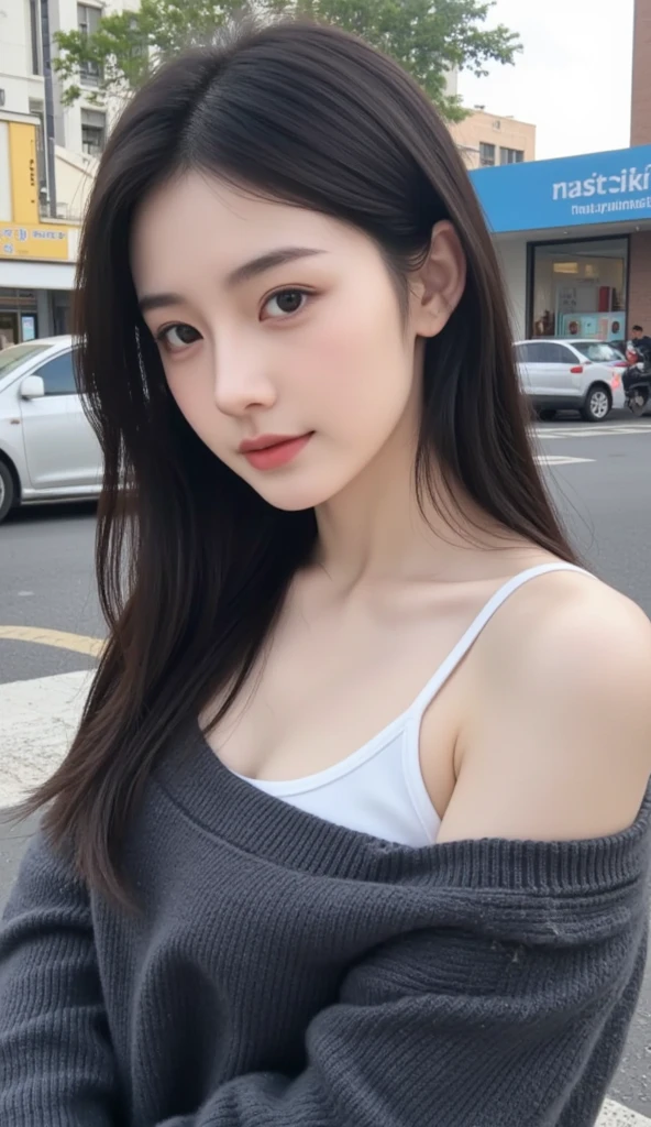 24 years Old woman, sleeveless shirt, cleavage, beauty face, Cute face, thin, long Sleek Straight hair style, medium breast, sad