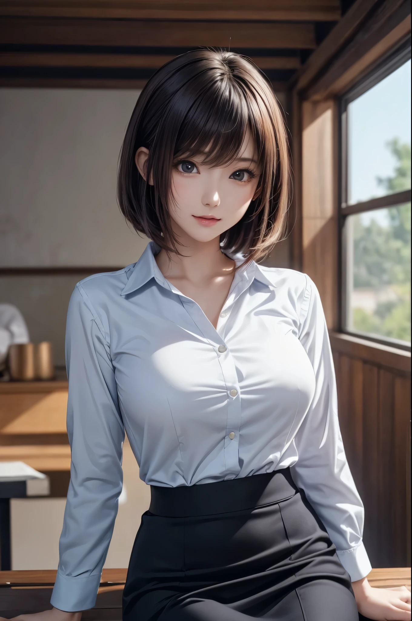 1girl, sitting, bending forward, wallpaper of extremely detailed CG unit, Digital painting, ((kawaii anime)), straight bob hair, large breasts, radiant skin glow, natural face lighting, wearing a business suit, dress shirt, skirt, (button gap), (masterpiece, best quality, very aesthetic, ultra detailed:1.2), intricate details, high resolution, 8k, sunlight