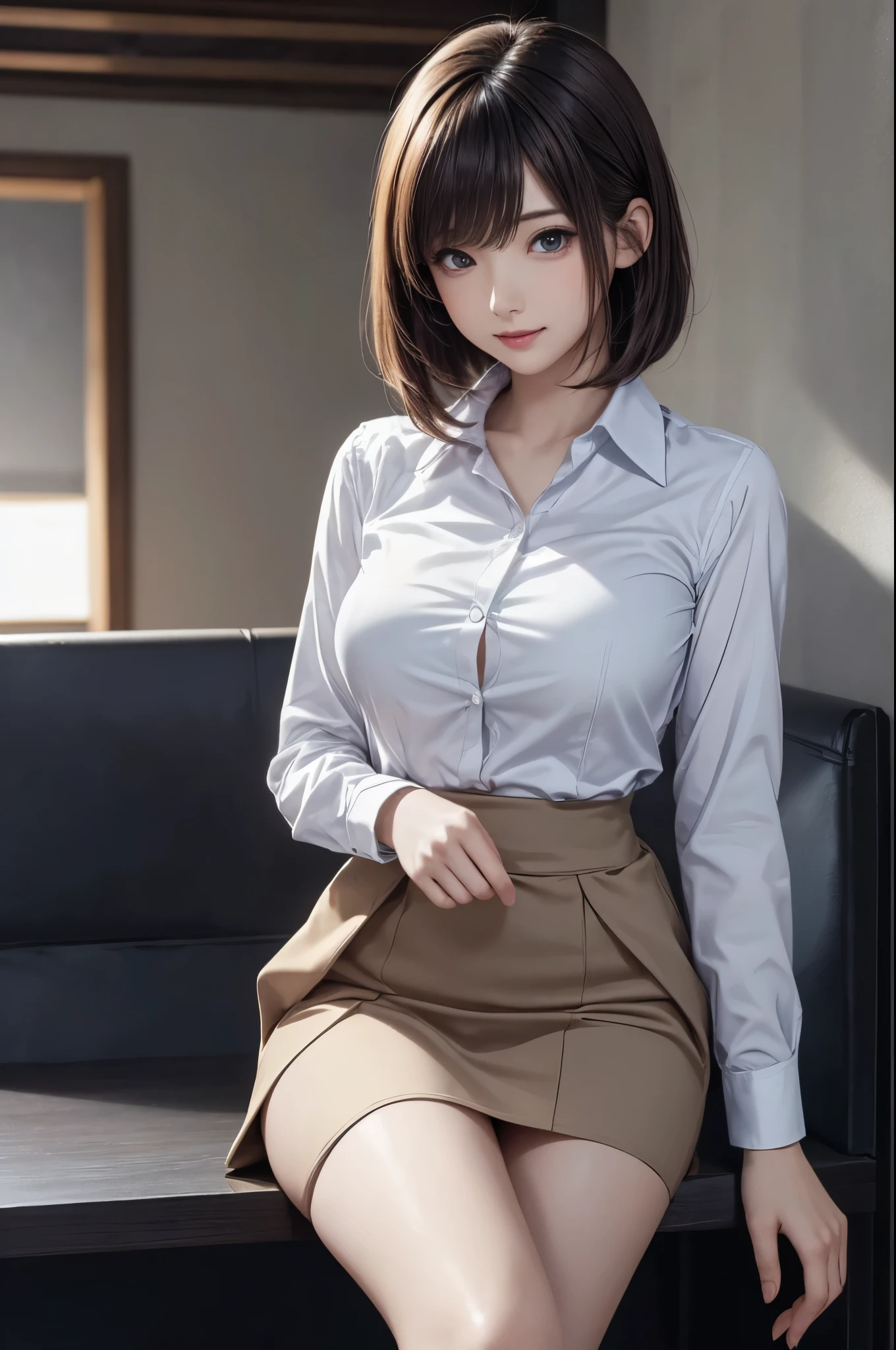 Ultra realistic photos, very high quality, high quality, masterpiece, exquisite, 16K, 1 woman, cool beauty, light brown glossy bob cut, high layer cut, mullet hairstyle, red shiny lips, white shirt with open breasts, light brown pleated mini skirt by Burberry check, black knee-high socks, sexy, glossy, 28 years old