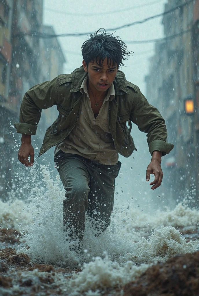 A Muslim boy who is trying to survive in the flood water is drowned all around him