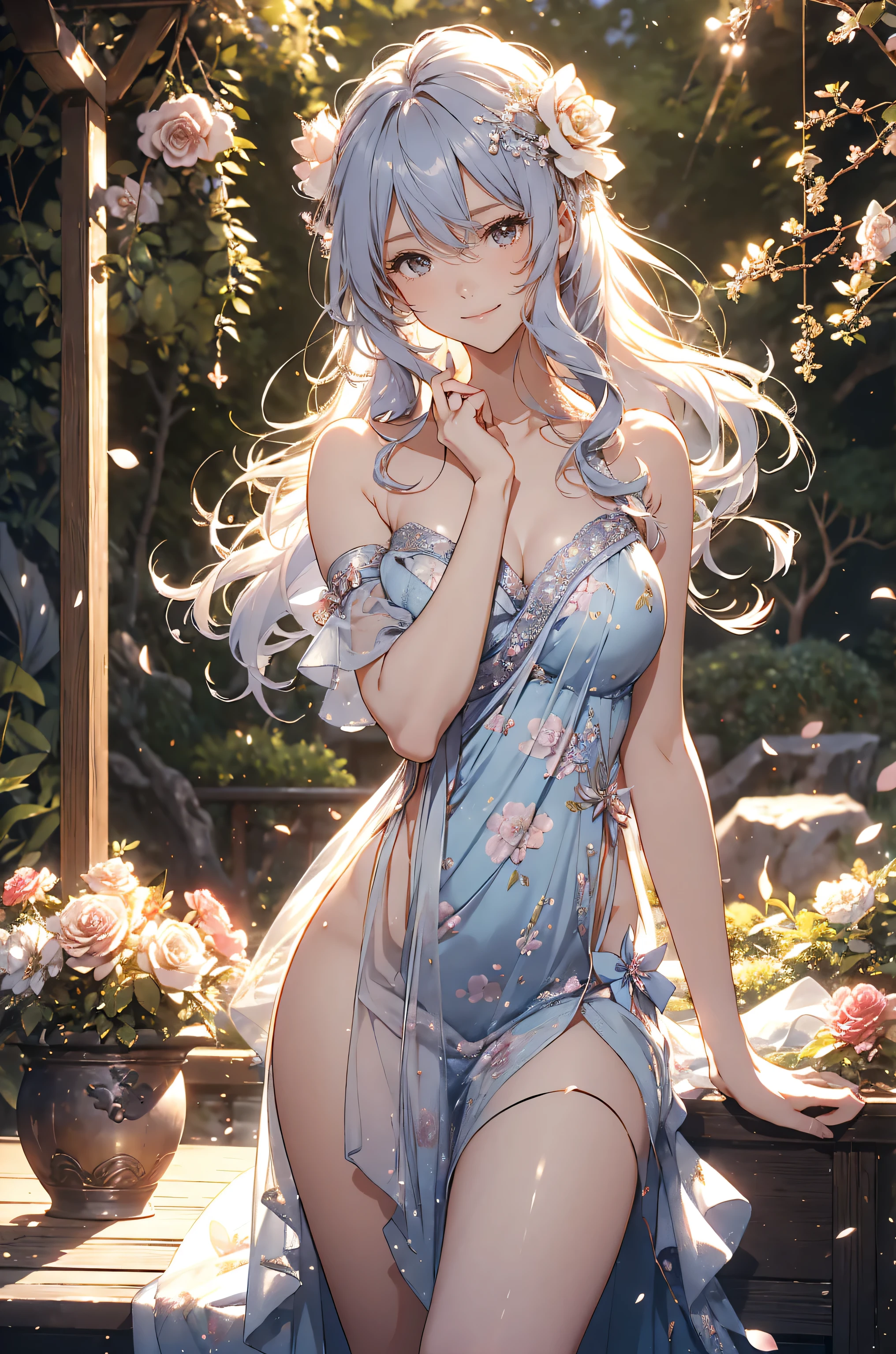 (masterpiece, top quality, very aesthetic, 4k、illustration), intricate detail, 1woman,、solo,contrapposto 、,(cowboy shot)、(),Cute、、、smile、Random Hairstyle、Random Hair Color、,middle hair,sidelock ,Random Color eyes、Summer Dresses、small breasts、Slim 、