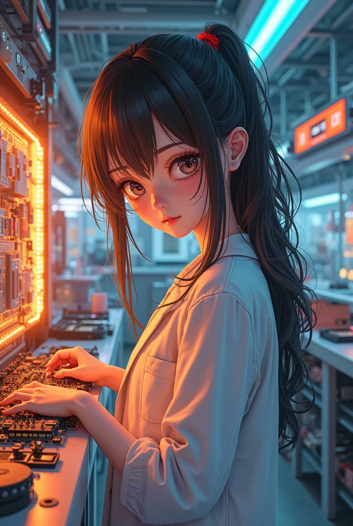 girl smiling, black eyes, looks mysteriously into the camera, burning server room