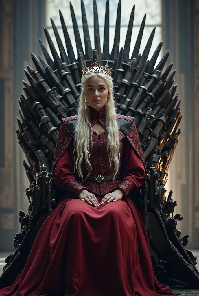 A beautiful Thick weight Targaryen Queen wearing a Royal black silky Queen gown with red cloak and furry cloak,Her platinum blonde hair is braided to set around her back head, She's wearing a golden Crown, she's sitting on the iron throne with a black large hall with a vertical window in back.