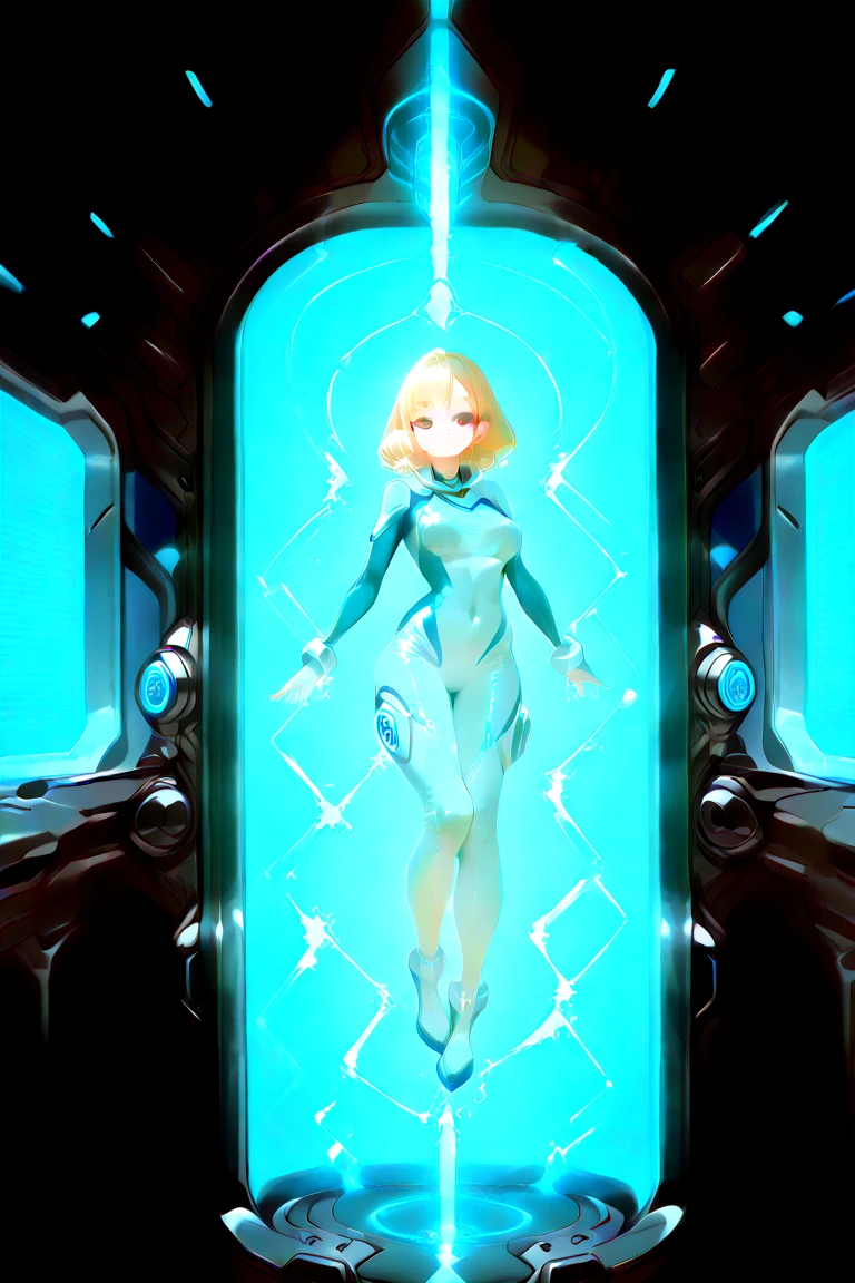 Design a layout showcase Gaming character, (1girl). (((nude))) (t-pose)(front view) (luminous lighting, atmospheric lighting), (((full_body_shot:1.4)))