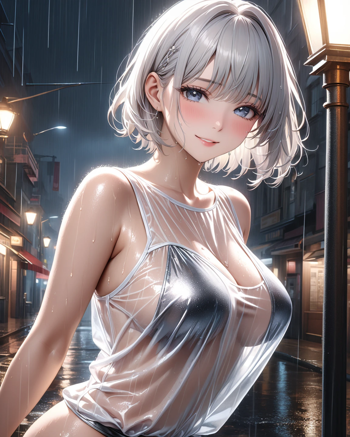 masterpiece, (Familiar, masterpiece, Highest quality, ((detailed skin))((glistening skin))(gleaming skin)sweat(ultra-detailed)(high resolution)(extremely detailed CG)(Transparent raincoat)complete nude,nsfw,1 girl, cute face,outdoor Night City, ((front closedレインコート)) ((beautiful face))