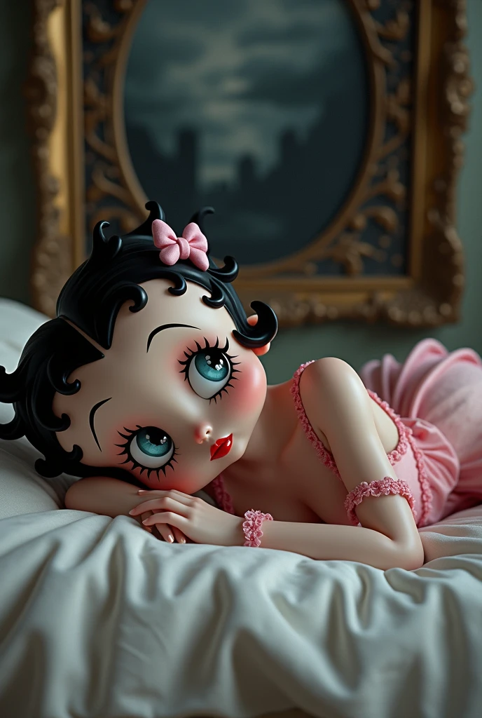 A fascinating 3D illustration created by Arwen, featuring the iconic Betty Boop in a seductive pose. You lie on your side on an exclusive Balinese bed shaped like a white number 800 and with the text thank you underneath, with soft and luxurious pillows. Betty Boop's red lips and adorable bow accentuate her charm, while her luscious curls cascade down her back. She rests her head on her hand and winks playfully at the viewer, drawing them into the scene. The image is rendered with cinematic quality, offering a vivid and immersive experience, illustration, 3D rendering