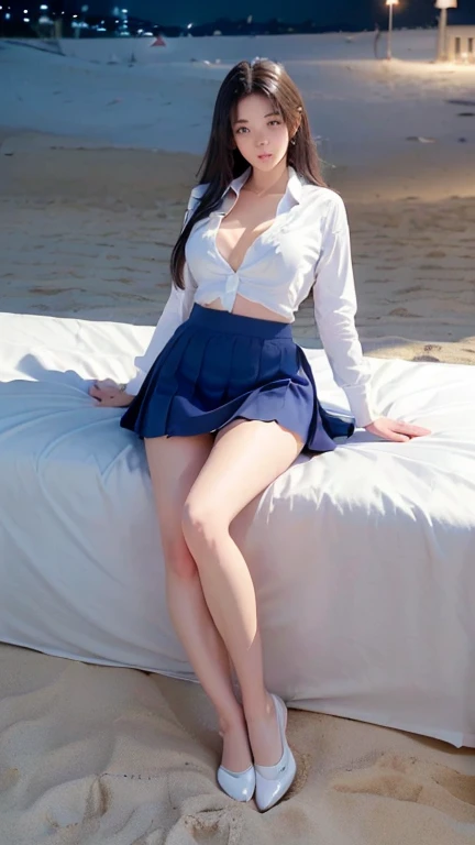 ultra highres,(reality: 1.4),highest quality, masterpiece, high detail, 16K quality, beautiful, 1 beautiful girl,japanese,super beautiful face,baby face,japanese idol face,cute face,super detailed face,detailed hand,beautiful skin,sweaty skin,big eyes,shy,profeccional lighting,ponny tail,brown hair,brown beautiful eyes, sitting with knee up,legs spread,(skirt lift),medium breasts,white shirt,open button,cleavage,(checked skirt),(spread pussy),detailed pussy,black high socks,she is looking at the camera,summer time,beach,blue sky,beautiful blue sea, nsfw,from front,