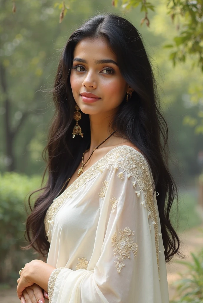 Beautiful ,23 years young girl,confident looking,8k,realistic,dark brown hair,fair skin, indian,long hair,clear facial features, wearing white dupatta and black kurti,