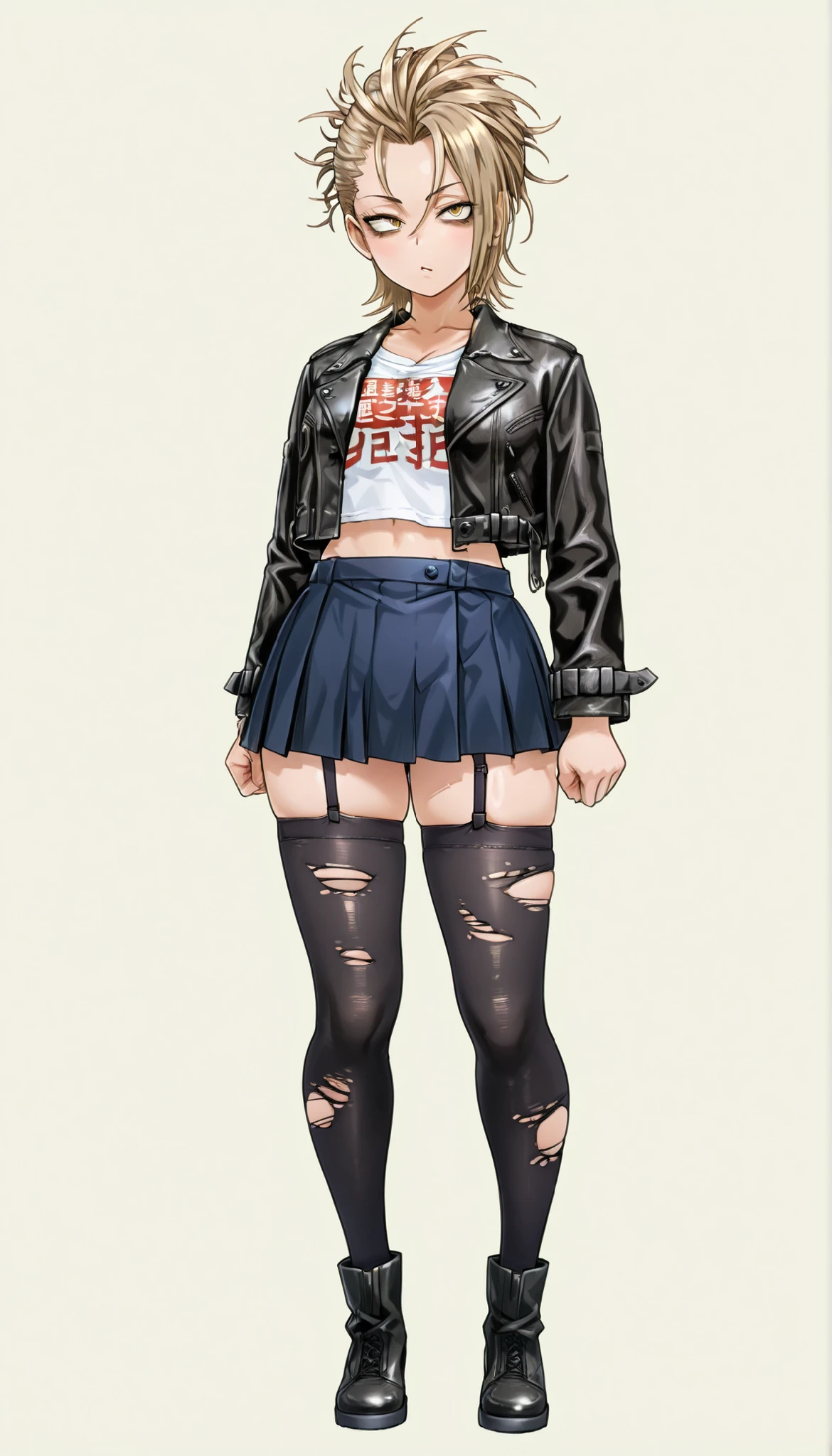 (((Highest Quality))), (Simple background), 1girk, full body, standing, skindentation, thighs, black stockings, torn stockings, kimura natsuki, Toga_Himiko, yellow eyes, blonde hair, short hair, combed to the side hairstyle, Heisei-era gal uniform, leather jacket, cropped shirt, delinquent