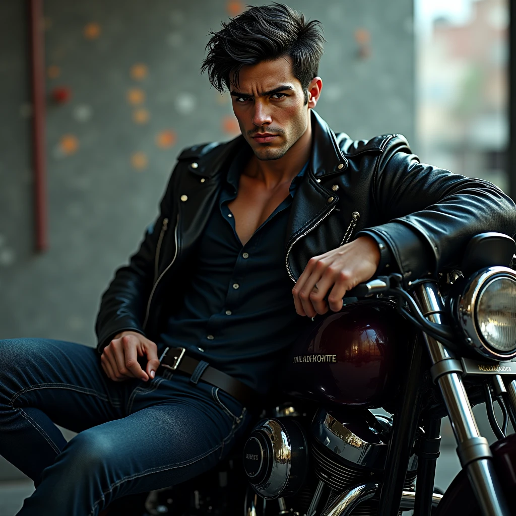 Ultra detailed face and body Jay Ryan riding a motorcycle shirtless in a leather jacket and jeans