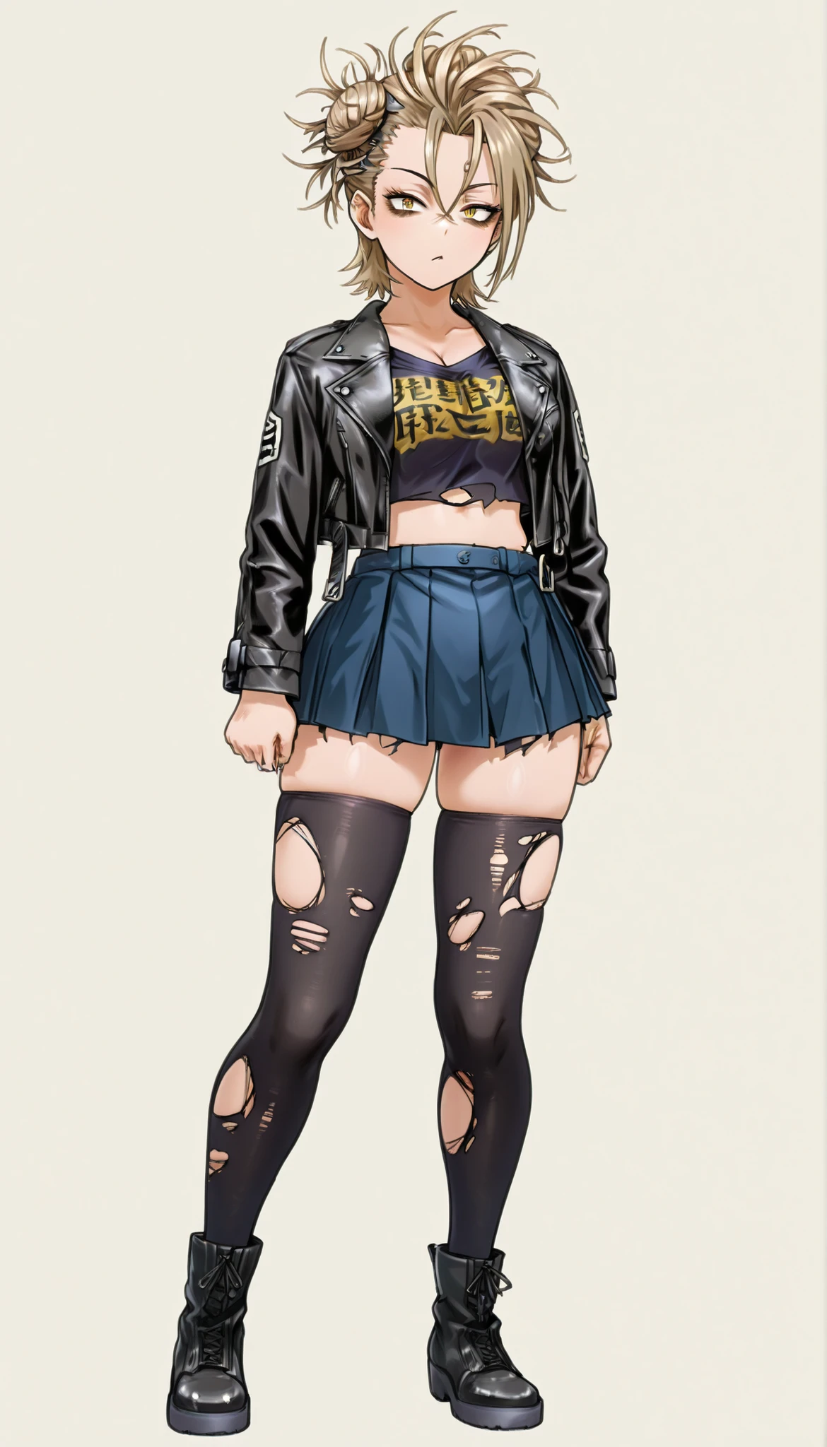 (((Highest Quality))), (Simple background), 1girk, full body, standing, skindentation, thighs, black stockings, torn stockings, kimura natsuki, Toga_Himiko, yellow eyes, blonde hair, short hair, combed to the side hairstyle, Heisei-era gal uniform, leather jacket, cropped shirt, delinquent
