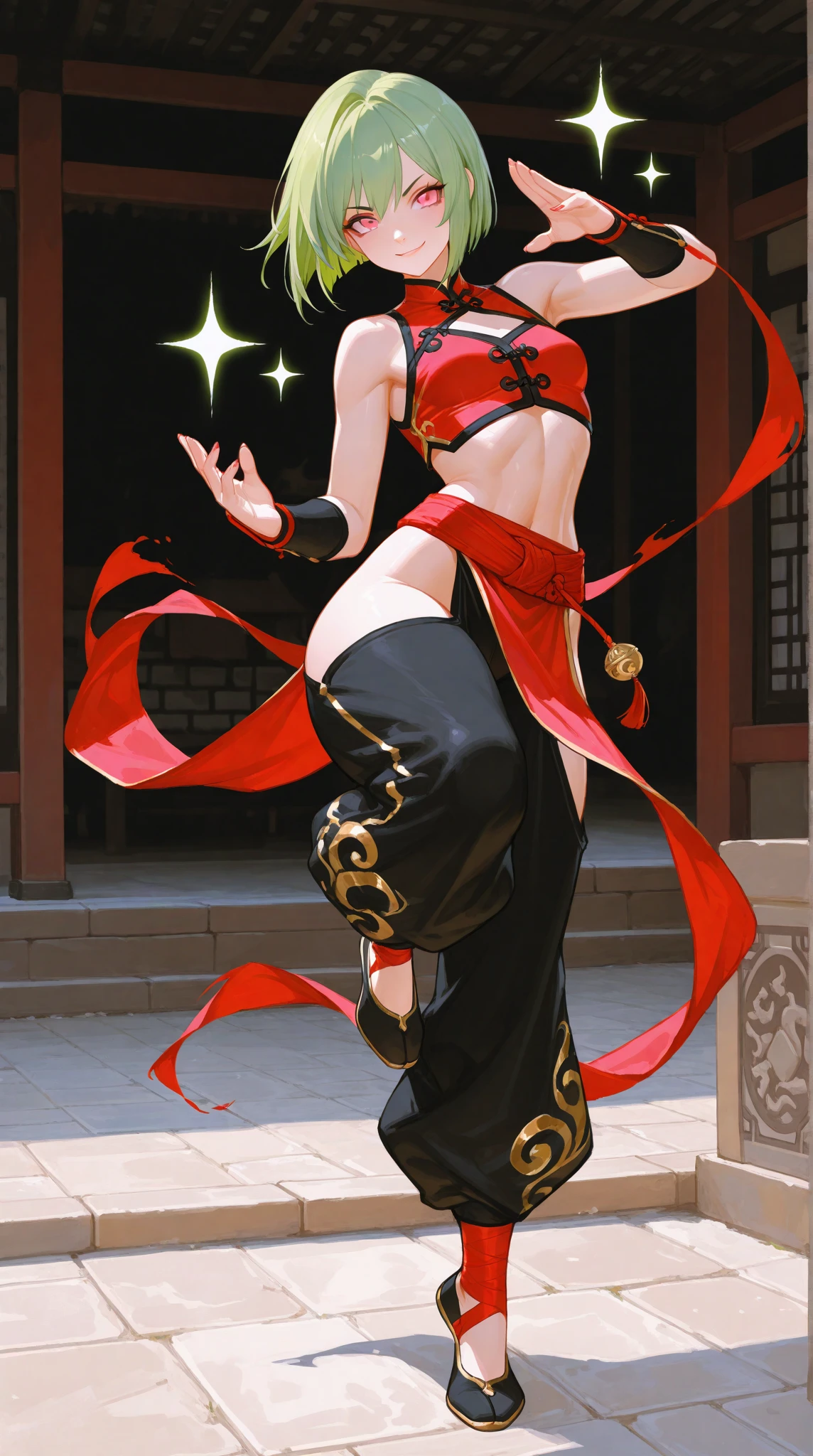 Barefoot and lightweight,Fall in the middle of the stage,A string of gold bells at the ankle,It is lined with Maihime's slender wrists,Loose red gauze pants reveal the fairness of the skin,With the dance, The calves are inadvertently exposed and smooth,Seductive under red light。A golden ribbon is wrapped around the waist,Not loose,But everyone can see it,The curve of her waist resembles a winding green snake。,With deadly elegance,The deliberately unretracted part of the ribbon flew from time to time as the figure moved,Lick the air like a snake letter。The tight wrap is loosely covered with a layer of red tulle,Dance along, It seems to fly unintentionally,Reveal a gelatinous back,Smooth skin,Fragile bony phase,Not greasy or dry。The finely cut smooth arm is loosely wrapped around the red yarn layer,Dance gently,Soft fingers twitched the hearts of the audience in the audience。
