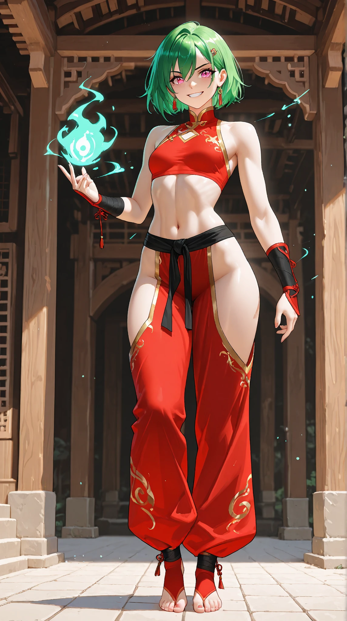 generates an image of a tiefling woman, with short hair, make she wearing a short asian loincloth, whit bandages in her hands and feet, make she in a martial art pose, dnd