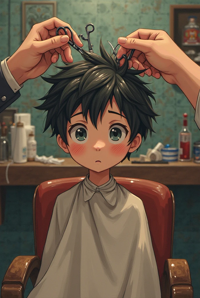 A child wearing a white apron is sitting in a barber shop and crying, and the barber is cutting his hair with scissors.