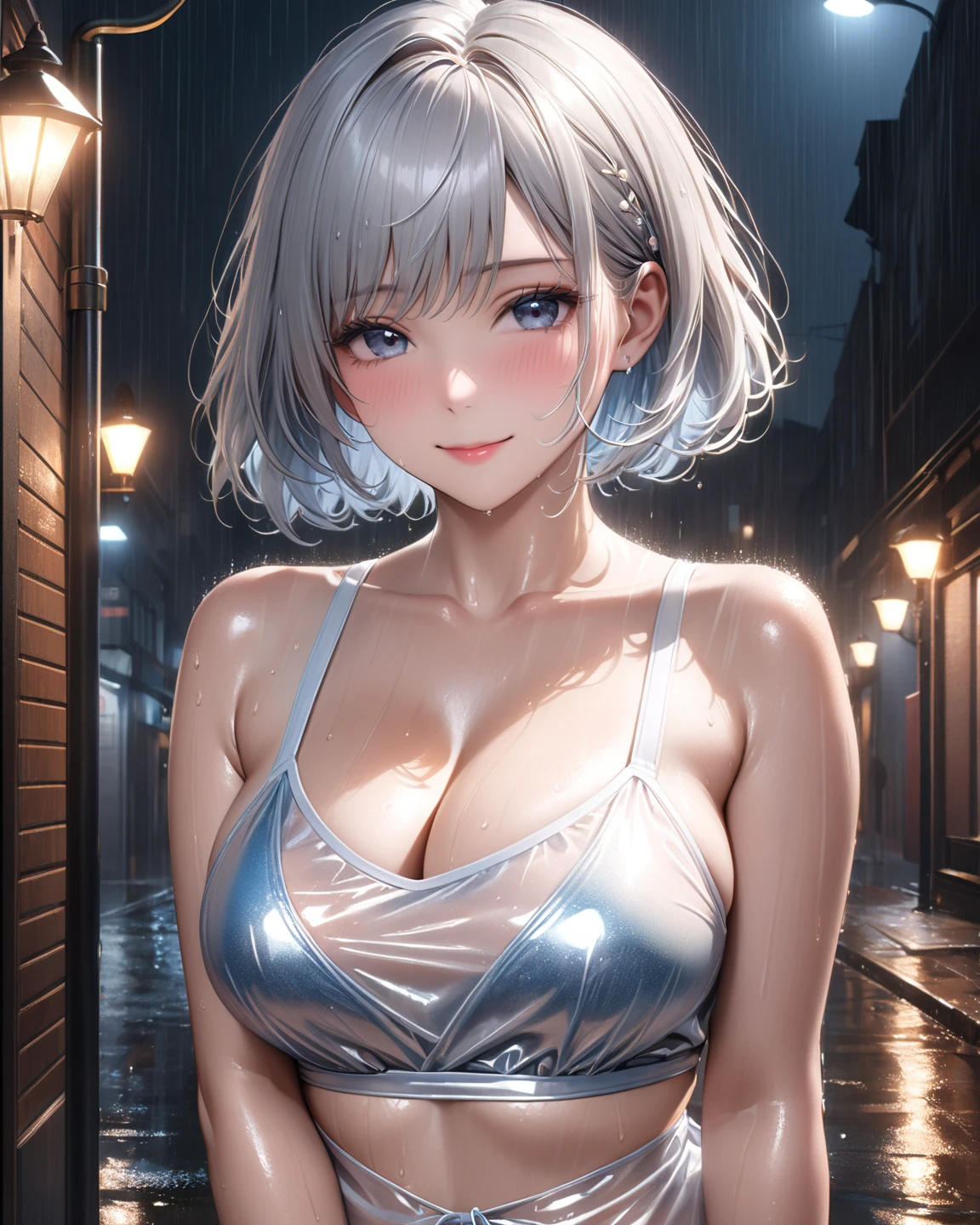 (Photorealistic:1.8, highest quality:1.8,8K masterpiece:1.8,High resolution,Mastepiece:1.8,RAW Photos,Cinematic lighting),No split screen, Back alley on a rainy night、City lights、Angle from below、
(Dancing nude woman)、(choker、Beautiful hair ornament、Nipple Accessories、Pussy Accessories、Transparent raincoat)、pubic hair、Wet Skin、Sweat dripping、Normal chest、Beautiful ass、Abdominal muscles、Beautiful thighs,Beautiful plump nipples、Beautiful genitals、Plump、Spread your pussy and show it to me、Up、Random Pause、
(Medium Hair、Thin, beautiful, shining vermilion, silver and gold hair)、Beautiful blue eyes、Beautiful red lip、
Realistic:1.3、Full Figure、Adult video shoot、(A rich expression、Blushing cheeks、painful、lonely)