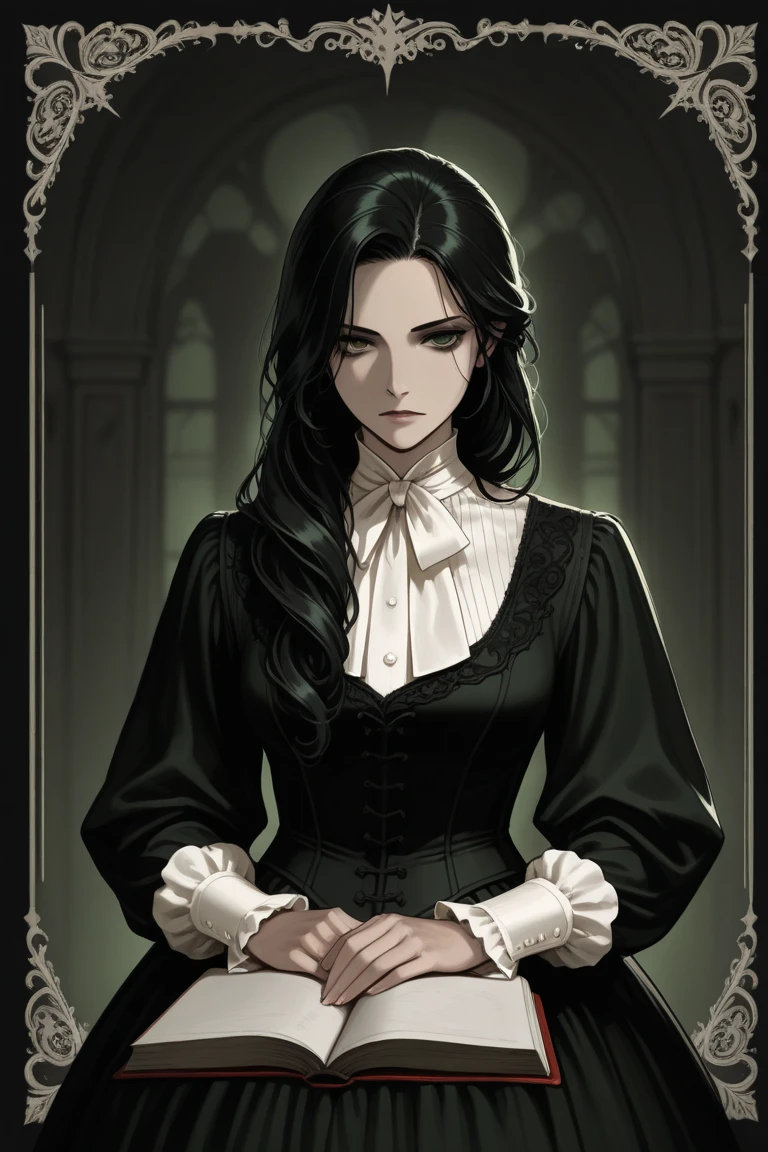 best quality, intricate details, lineart, monochrome,

1girl, long hair, black hair, messy hair, hair over one eye, sharp eyes, 

choker, Renaissance, open jacket, cleavage 

against wall, castle,