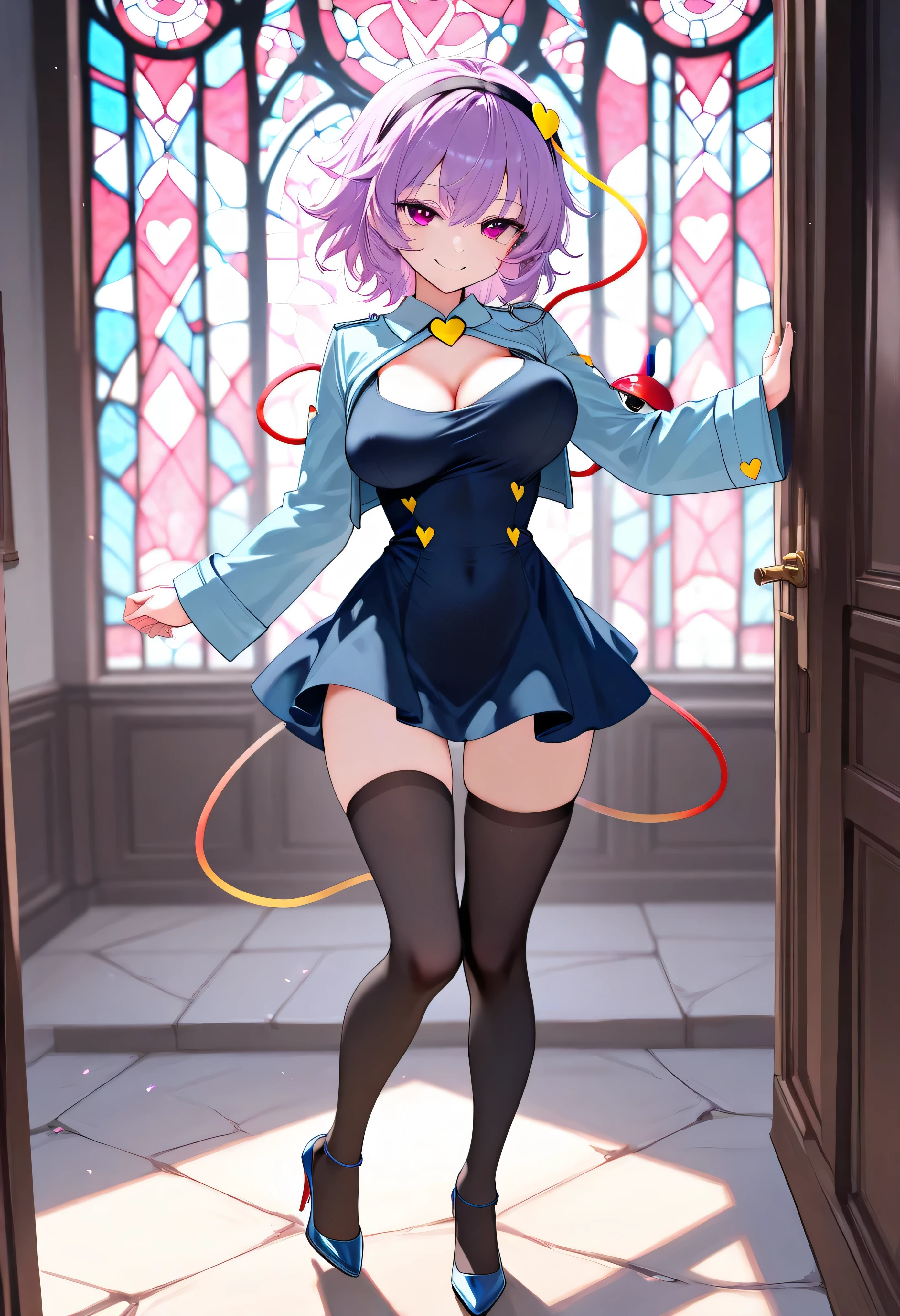 Satori toho character, (solo), (standing), (stained glass), BREAK, short hair, (huge perky breasts), bursting breasts, (inconceivably thin waist), very long legs, BREAK, (black blazer:1.1), (black thighhighs), very short black miniskirt, highheels, military, BREAK, nose blush, BREAK, masterpiece, ultra-detailed