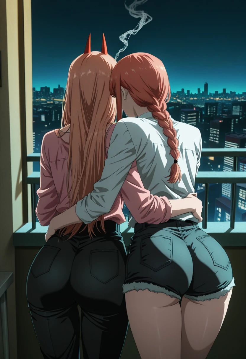 masterpiece, best quality, anime screencap,anime coloring,
Makima /(Chainsaw Man/), white shirt, black pants, BREAK,
Power /(Chainsaw Man/), pink shirt, jean shorts, BREAK,
2girls, arm around waist, smoking, ass focus, from behind, intimate atmosphere, BREAK,
balcony, city, skyline, night, BREAK,
embedding:lazypos, dim lighting