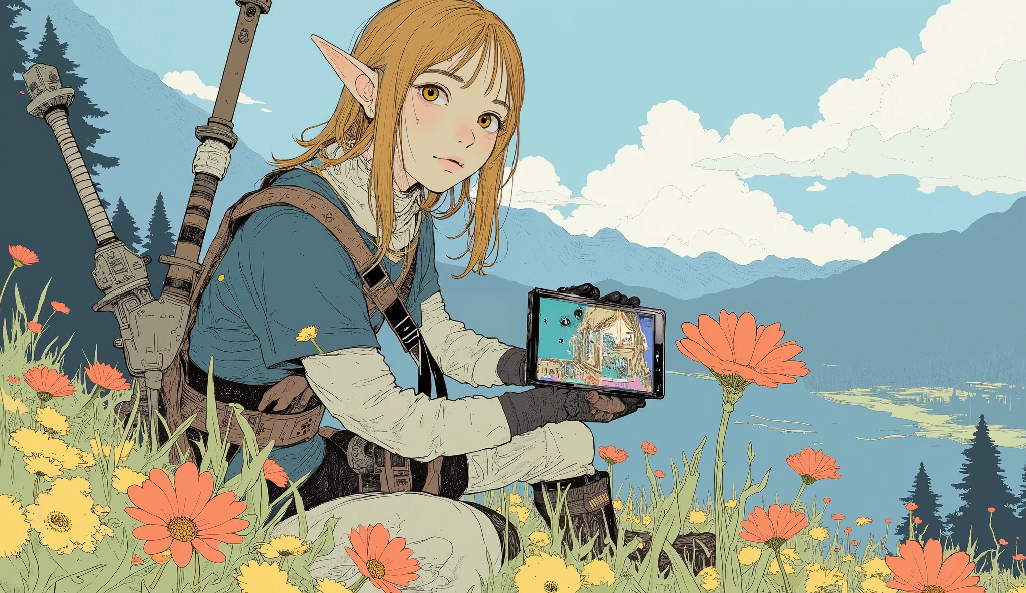 has a picture of a man with a sword and a Nintendo Switch, nintendo switch, video game fan art, OTW, Nintendo Game Art , OTW style, holding a nintendo Switch, video game concept art, switch, video game concept art, Nintendo style link , BREATH OF THE WILD art style, BREATH OF THE WILD style, BREATH OF THE WILD , game development art、solo、Hyrule's background