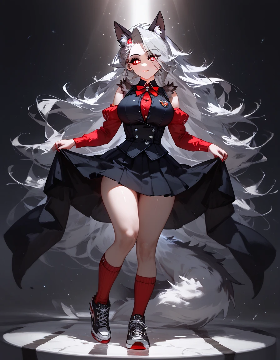 (best quality)), ((masterpiece)), (detailed), perfect face, white hair, white cat ears, white cat tail, DD cup breasts, thick thighs, crazy love eyes, glowing red eyes, smirking, latex short crop top, latex skirt, thigh high stockings, shiny lipgloss, other hand on hip, looking up skirt, view from below, 