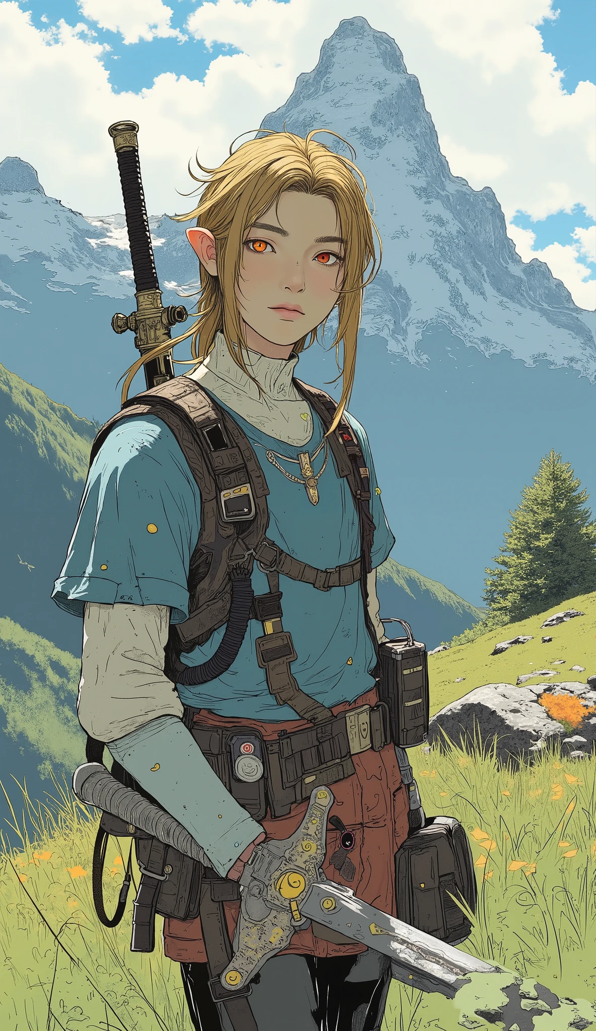 has a picture of a man with a sword and a Nintendo Switch, nintendo switch, video game fan art, OTW, Nintendo Game Art , OTW style, holding a nintendo Switch, video game concept art, switch, video game concept art, Nintendo style link , BREATH OF THE WILD art style, BREATH OF THE WILD style, BREATH OF THE WILD , game development art、solo、Hyrule's background