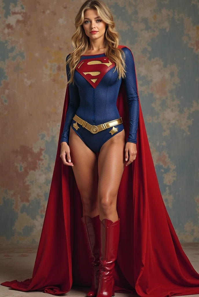 (((Jennifer Lawrence under the mantle of the Kryptonian Kara zor-El aka Supergirl long blonde hair Red corset suit and blue leggings with red boots red cape))),(((Long gold bracelets)))