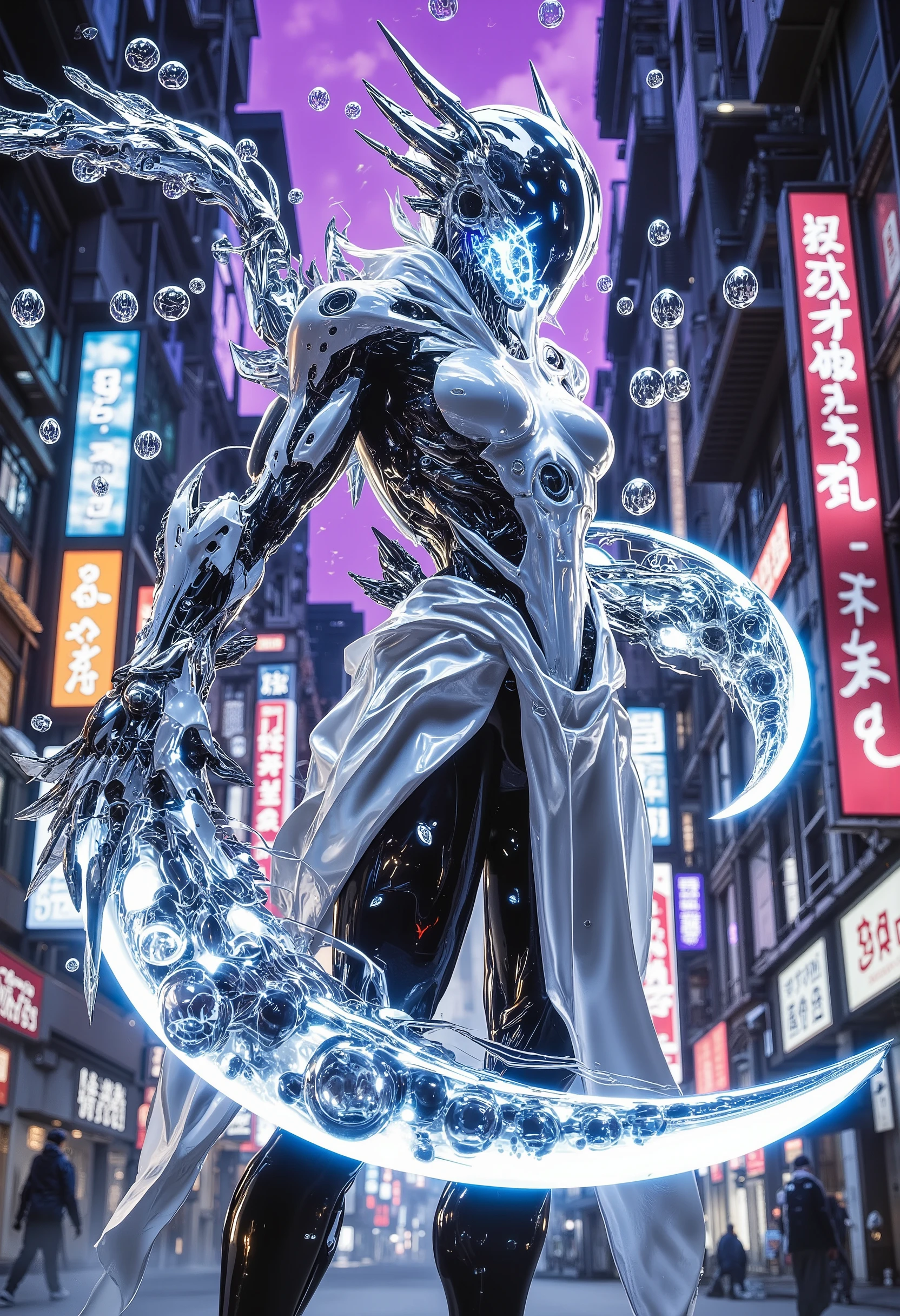 a focused female cyborg warrior in transparent armor without a face throws an absolutely transparent glass ball at the viewer, shimmering with rainbow light, surrounded by a huge number of small glass balls floating in the air, against a backdrop of cyber-futuristic incredibly complex architecture, with skyscrapers and neon signs, holographic banners, whose lights are reflected on the glass surface of the ball and on the the cyborg's white ceramic body, the night sky glows with a purple glow, shading the metal, concrete and glass of the city, a view from ground level, color and tone linear perspective, clear focus, highly stylized digital art in the style of Vadim Kashin's works, the finest detail, Vadim Kashin style
