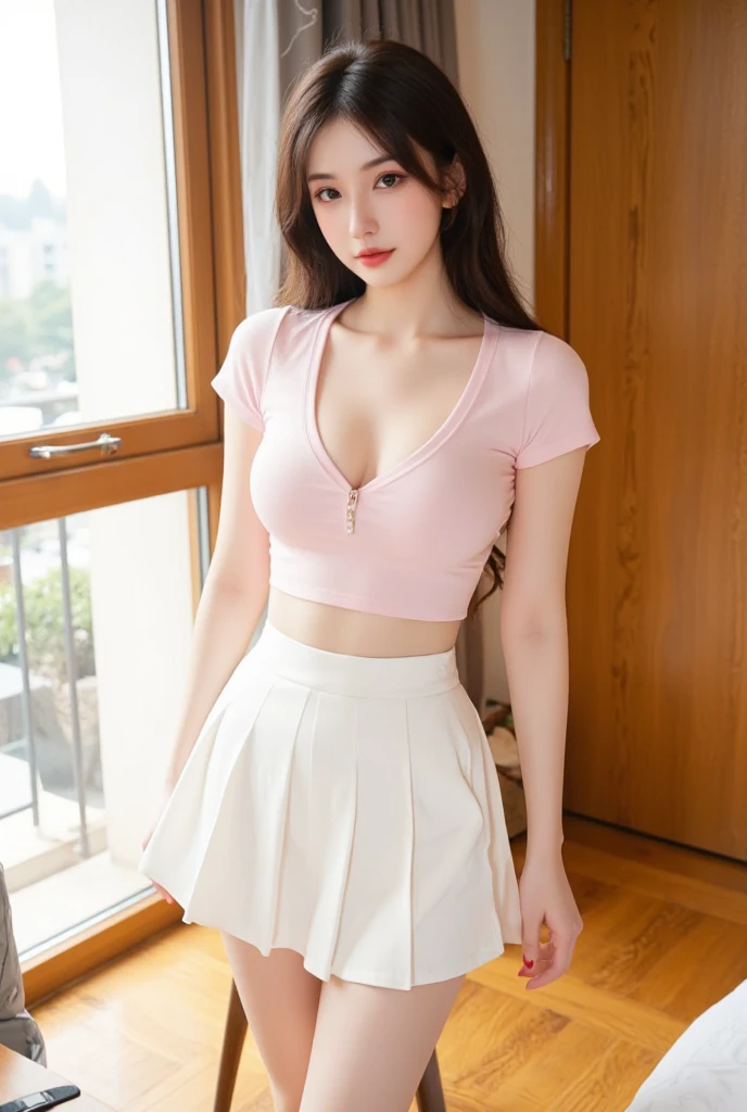 (ultra high definition:1.3), (best quality, 8 thousand), beautiful and cute girl, full body photo, very beautiful and delicate, black hair, sweet, delicate and beautiful fair skin, Exquisite and perfect facial features, Detailed face description, high nose bridge, (collar sexy open t-shirt:1.3), (Ultra Mini Pink Cling Skirt :1.3), (indoor lawn studio:1.3), (beautiful body:1.3), (upright), extend one'leg, leg를 살짝 벌려주세요, (cowboy shot:1.3),