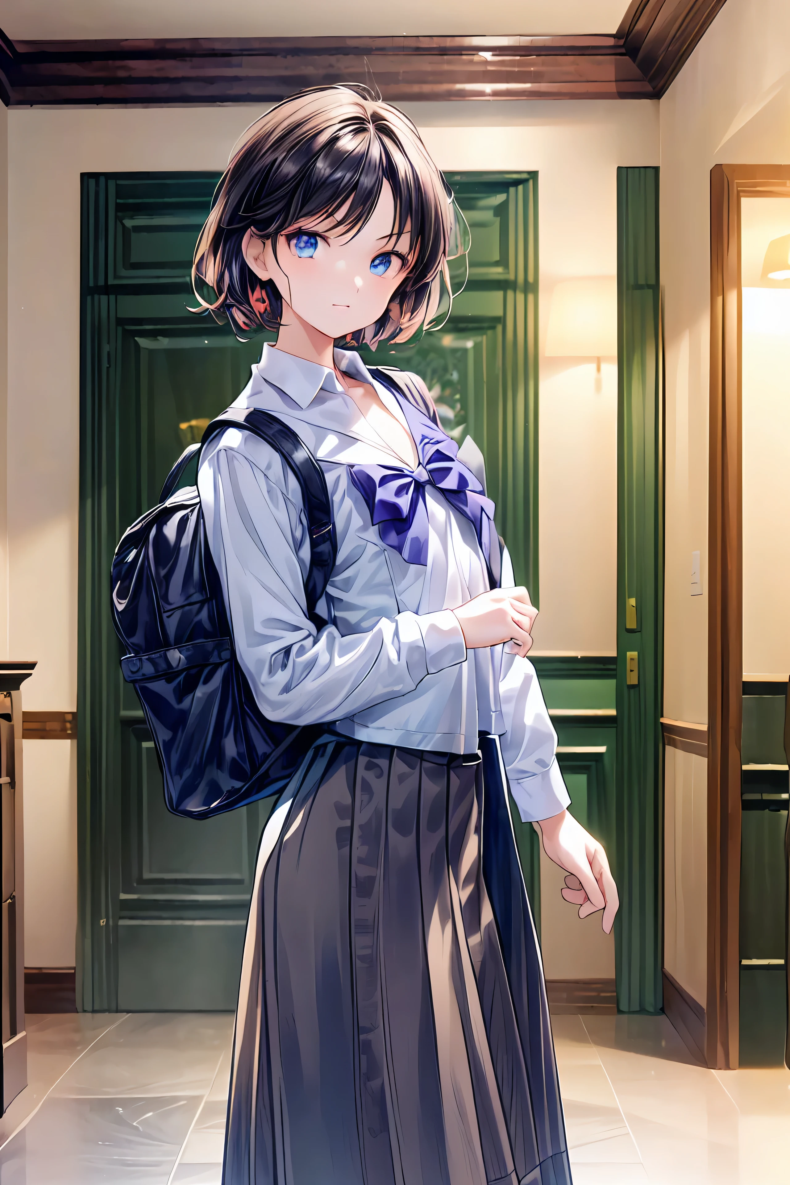 software:1.6), (masterpiece, Best Quality, wonderful、very real, high resolution:1.3), one girl, alone, Japanese, , (expensive:1.3), break (black short bob on the floor with both hands, straight hair :1.4), bungs, (language:2.1), (Hair above left eye:1.9), (Extremely Light Eyes :1.7), (Thick eyebrows:1.4), closed his mouth, (Overlooking a light smile:1.2), (:1.4), (Flat chest:1.7), break , (check bow :1.5), (round collar dress shirt:1.6), (plaid midi skirt:1.7), black socks, Brown rofers break from below, standing, carry-a-backpack, It doesn't seem to move, train station platform, sunlight, blue sky,
information
