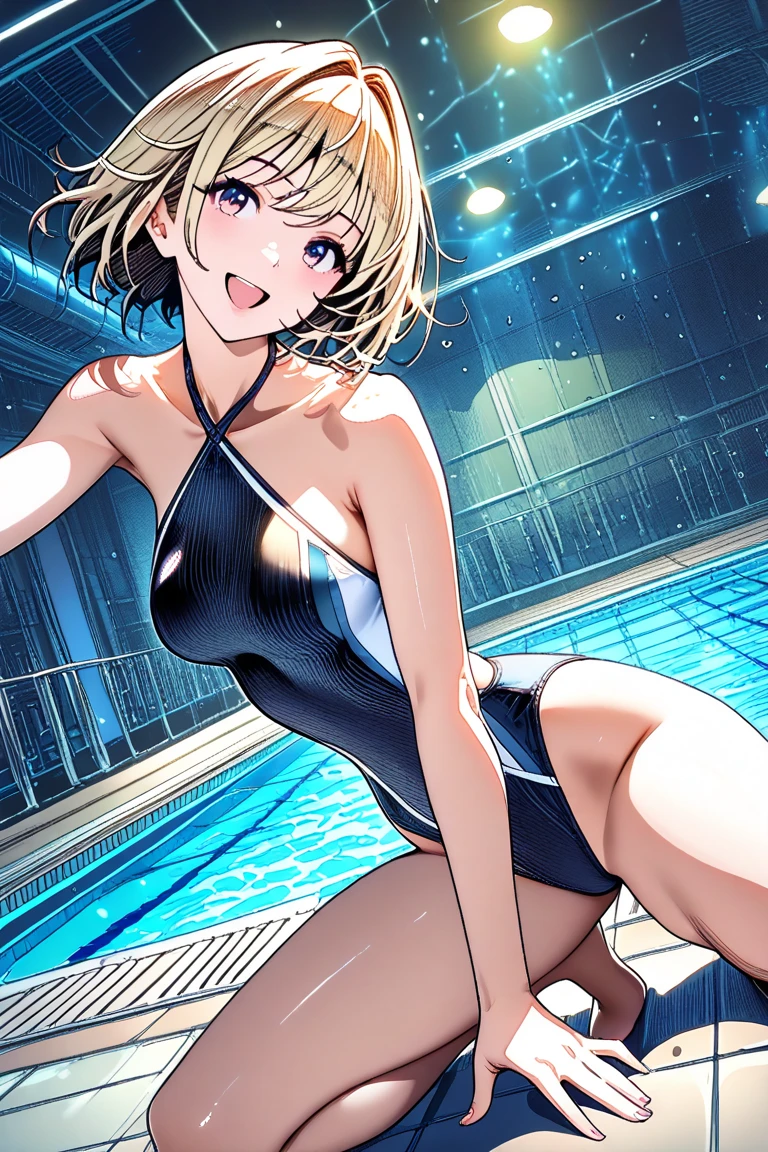 1girl, tall body, light blonde hair, aquamarine eyes, boots, breasts, bracelets, full body, hair ornament, ((shoulder-length hair, ponytail, bangs)), full body with costume, ((leotard, perfect leotard, gymnast_outfit leotard, white leotard with blue accents, bare legs)), hi-tech shoulder pads, (white boots), medium breasts, perfect hands, complete fingers, perfect anatomy, perfect proportions, solo, solo focus, superhero, ((blue lightning logo on chest)), beautiful detailed eyes, beautiful detailed face, age 18, full body portrait, pool, calm