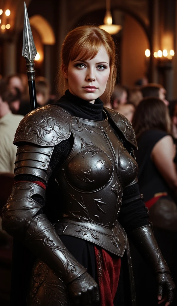A female medieval warrior, carved leather chest armor, wears leather short pants, nordic style steel helmet, gorgeous stunning face, (smug), freckles:1.2, busty body, short dark blonde hair, (cleavage:1.3), full body, in a dungeon BREAK 8k, (hdr:1.1), ultra realistic photo, photorealistic, (cinematic angle), dramatic lighting, (parallax), realistic reflection effect, (masterpiece), intricate details, bloom, highest quality, (raytracing), vivid color tone, (highly detailed and realistic skin), canon d50