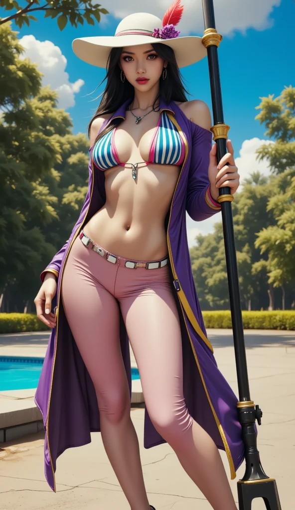 master part, best quality, Altas, Nico Robin, cabelos longos, cabelos black, slicked back hair, sun glasses, olhos azuis, 鎖骨, clivagem, Jaqueta azul, jaqueta cropped, parcialmente descompactado, mangas curtas, diafragma, sarongue, Imprimir Sarong, Standing, cowboy shot, ao ar livre, sorrir,