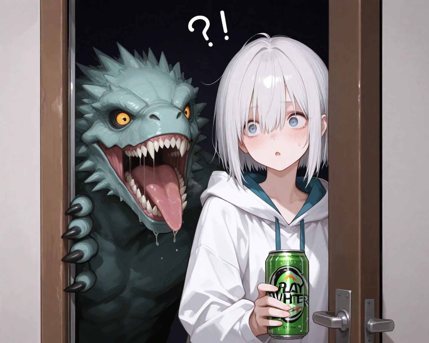 Dark back alley、the ground is wet、obscenity、Metamorphosis、one girls、small head、White-haired twin-tailed、Cat's ears、Big red eyes、red blush、The look of despair、涎、Spit、お漏らし、Beautiful abs、Black tank top、jeans、discreet breasts、Super giant octopus、Multiple eyes、Touching the crotch、Tentacles are touching the chest、